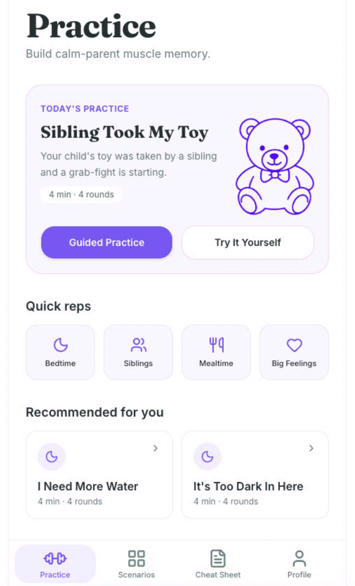 ParentSays Practice screen with sibling toy practice