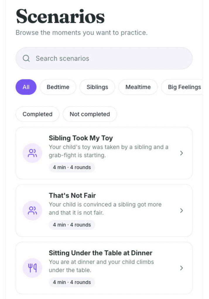 ParentSays Scenarios screen showing sibling and mealtime practice scenarios